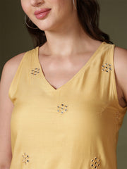 Mirror Work Sleeveless Kurti (Beige)