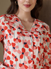 Floral Print Flare Sleeves Front Open Top (Peach)