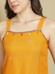 Mustard Ethnic Motifs Embroidered Strap Neck Panelled Kurti