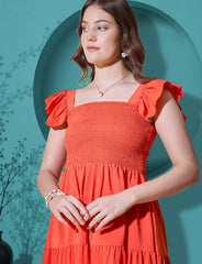 Orange Flutter Sleeve Crepe A-Line Midi Dress