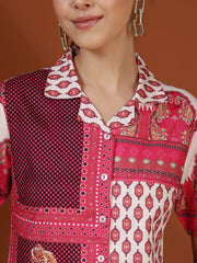 Cream Digital Printed Spread Collar Crop Shirt