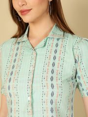 Weaving Design Sea Green Shirt Style Handloom  Top