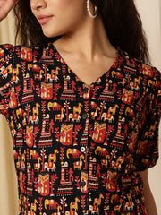 Maroon Tribal Print Puff Sleeve Cotton Shirt Style Top