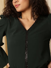 Green Puff Sleeves Solid Blouson Top