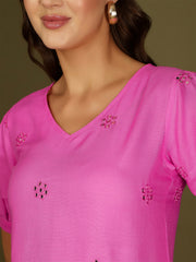 Mirror Work Puff Short Sleeves Kurti (Fuchsia)