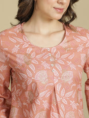 Peach Botanical Printed Flared Sleeves Pure Cotton Kurti