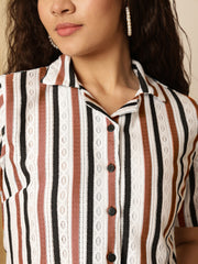 Cream Multi Brown & Black stripes Shirt Style Top