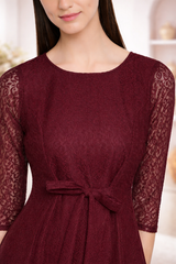 Women Burgundy Lace Fit and Flare Dress