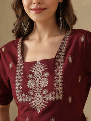 Embroidered Puff Sleeve Peplum Top ( Maroon)
