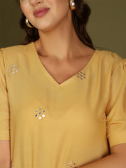 Mirror Work Puff Short Sleeves Kurti (Beige)