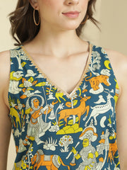 Teal Ethnic Motifs Printed V-Neck Pure Cotton Kurti