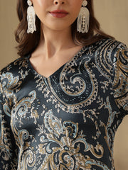 Teal Paisley Printed V-Neck Asymmetric Hem Kurti