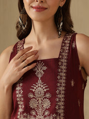 Maroon Ethnic Motifs Embroidered Square Neck Kurti