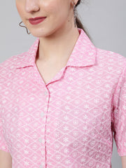 Floral Embroidered Pink  Shirt Style Top