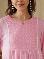 Embroidered Puff Sleeves Peplum Top ( Pink )