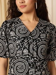Black Warli Print Puff Sleeve Cotton Shirt Style Top