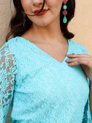 Floral Flared Sleeve Lace Blouson Sky Blue Top