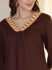 Coffee Brown V-Neck Thread Work High-Low Kurti