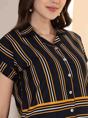Navy Blue Striped Spread Collar Crop Shirt