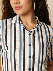 Cream Striped Sheer Lace Shirt Style Top