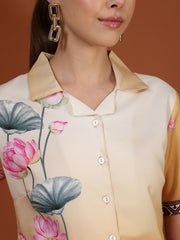 Mustard Digital Printed Spread Collar Crop Shirt