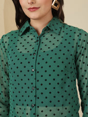 Smart Polka Dot Flocking Sheer Casual Green Shirt