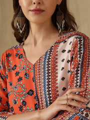 Orange Printed V-Neck Asymmetric Hem Kurti