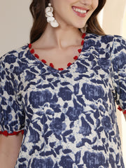 Botanical Printed V-Neck Linen Kurti