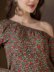 Animal Print One Shoulder Top (Khaki)