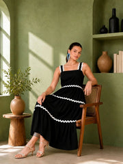 Women Tiered Black Midi/Calf Length Dress