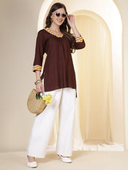 Coffee Brown V-Neck Thread Work High-Low Kurti