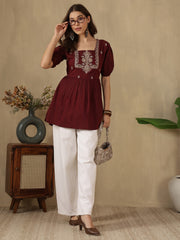Embroidered Puff Sleeve Peplum Top ( Maroon)