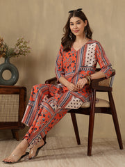 Orange Printed V-Neck Asymmetric Hem Kurti