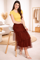 Layered Midi Net Skirt - Coffee Color