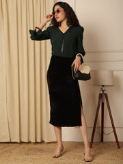 Green Puff Sleeves Solid Blouson Top