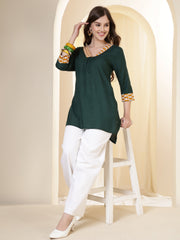 Green V-Neck Thread Work High-Low Kurti