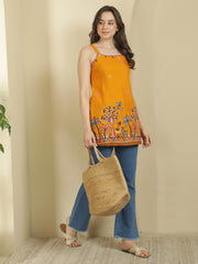 Mustard Ethnic Motifs Embroidered Strap Neck Panelled Kurti