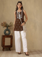 Coffee Brown Ethnic Motifs Embroidered Square Neck Kurti