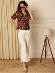 Maroon Tribal Print Puff Sleeve Cotton Shirt Style Top