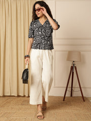 Black Warli Print Puff Sleeve Cotton Shirt Style Top