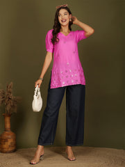 Mirror Work Puff Short Sleeves Kurti (Fuchsia)