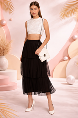 Black Layered Midi Net Skirt