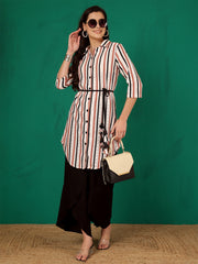 Tan Mandarin Collar Striped Sheer Tunic