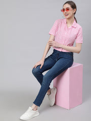 Floral Embroidered Pink  Shirt Style Top