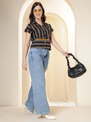 Navy Blue Striped Spread Collar Crop Shirt