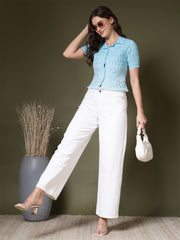 Embroidered Schiffli Shirt Style Crop Top – Blue & White