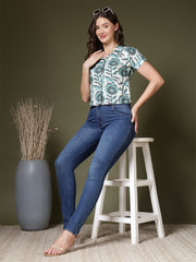 Dynamic Sea Green Print Shirt Style Top