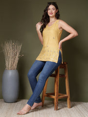 Mirror Work Sleeveless Kurti (Beige)