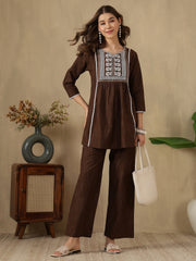 Coffee Brown Embroidered Peplum Style Khadi Co-ord Set