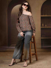 Animal Print One Shoulder Top (Khaki)